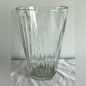 Clear Ribbed Glass Vase Tapered Cylinder 10”H 6.5” Opening Modern Deco